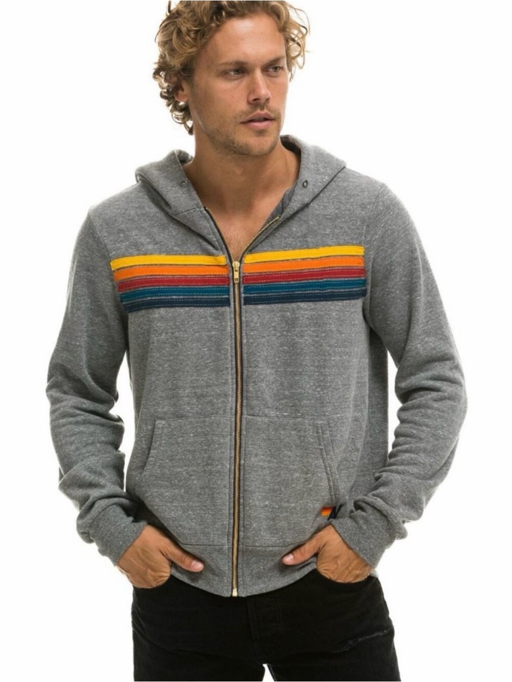 Aviator Nation Gray Zip Hoodie with Yellow-Orange-Red-Blue Chest Stripes